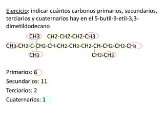 Ejercicio: indicar cuántos carbonos primarios, secundarios, 
terciarios y cuaternarios hay en el 5-butil-9-etil-3,3- 
dimetildodecano 
CH3 CH2-CH2-CH2-CH3 
CH3-CH2-C-CH2-CH-CH2-CH2-CH2-CH-CH2-CH2-CH3 
CH3 CH2-CH3 
Primarios: 6 
Secundarios: 11 
Terciarios: 2 
Cuaternarios: 1 
