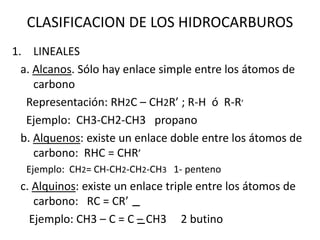 CLASIFICACION DE LOS HIDROCARBUROS 
1. LINEALES 
a. Alcanos. Sólo hay enlace simple entre los átomos de 
carbono 
Representación: RH2C – CH2R’ ; R-H ó R-R’ 
Ejemplo: CH3-CH2-CH3 propano 
b. Alquenos: existe un enlace doble entre los átomos de 
carbono: RHC = CHR’ 
Ejemplo: CH2= CH-CH2-CH2-CH3 1- penteno 
c. Alquinos: existe un enlace triple entre los átomos de 
carbono: RC = CR’ 
Ejemplo: CH3 – C = C – CH3 2 butino 
 