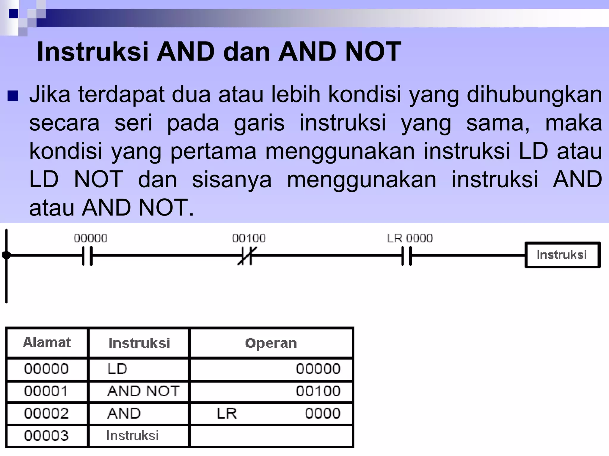 Instruksi AND dan AND NOT 
 Jika terdapat dua atau lebih kondisi yang dihubungkan 
secara seri pada garis instruksi yang sama, maka 
kondisi yang pertama menggunakan instruksi LD atau 
LD NOT dan sisanya menggunakan instruksi AND 
atau AND NOT. 
 