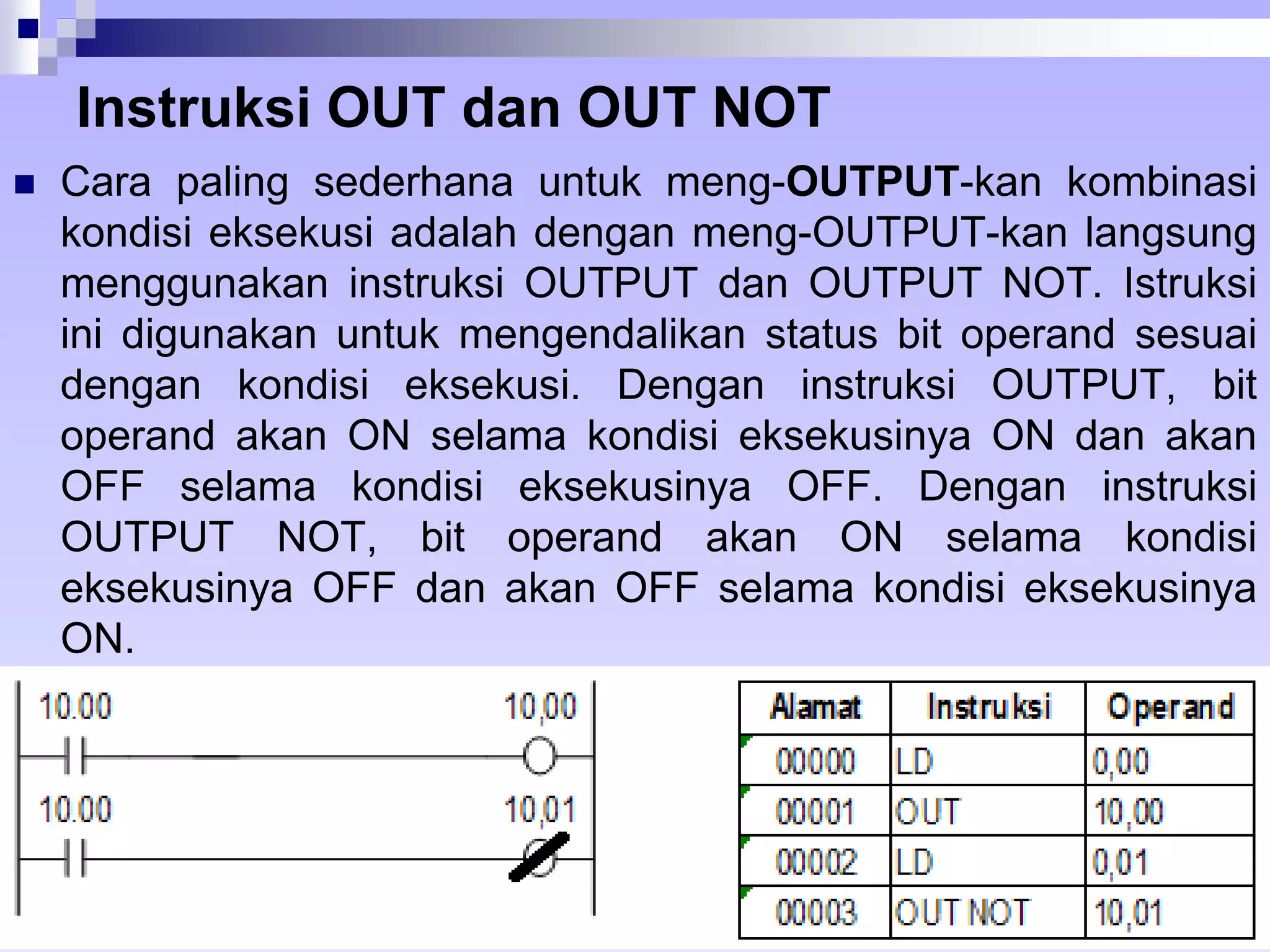 Instruksi OUT dan OUT NOT 
 Cara paling sederhana untuk meng-OUTPUT-kan kombinasi 
kondisi eksekusi adalah dengan meng-OUTPUT-kan langsung 
menggunakan instruksi OUTPUT dan OUTPUT NOT. Istruksi 
ini digunakan untuk mengendalikan status bit operand sesuai 
dengan kondisi eksekusi. Dengan instruksi OUTPUT, bit 
operand akan ON selama kondisi eksekusinya ON dan akan 
OFF selama kondisi eksekusinya OFF. Dengan instruksi 
OUTPUT NOT, bit operand akan ON selama kondisi 
eksekusinya OFF dan akan OFF selama kondisi eksekusinya 
ON. 
 