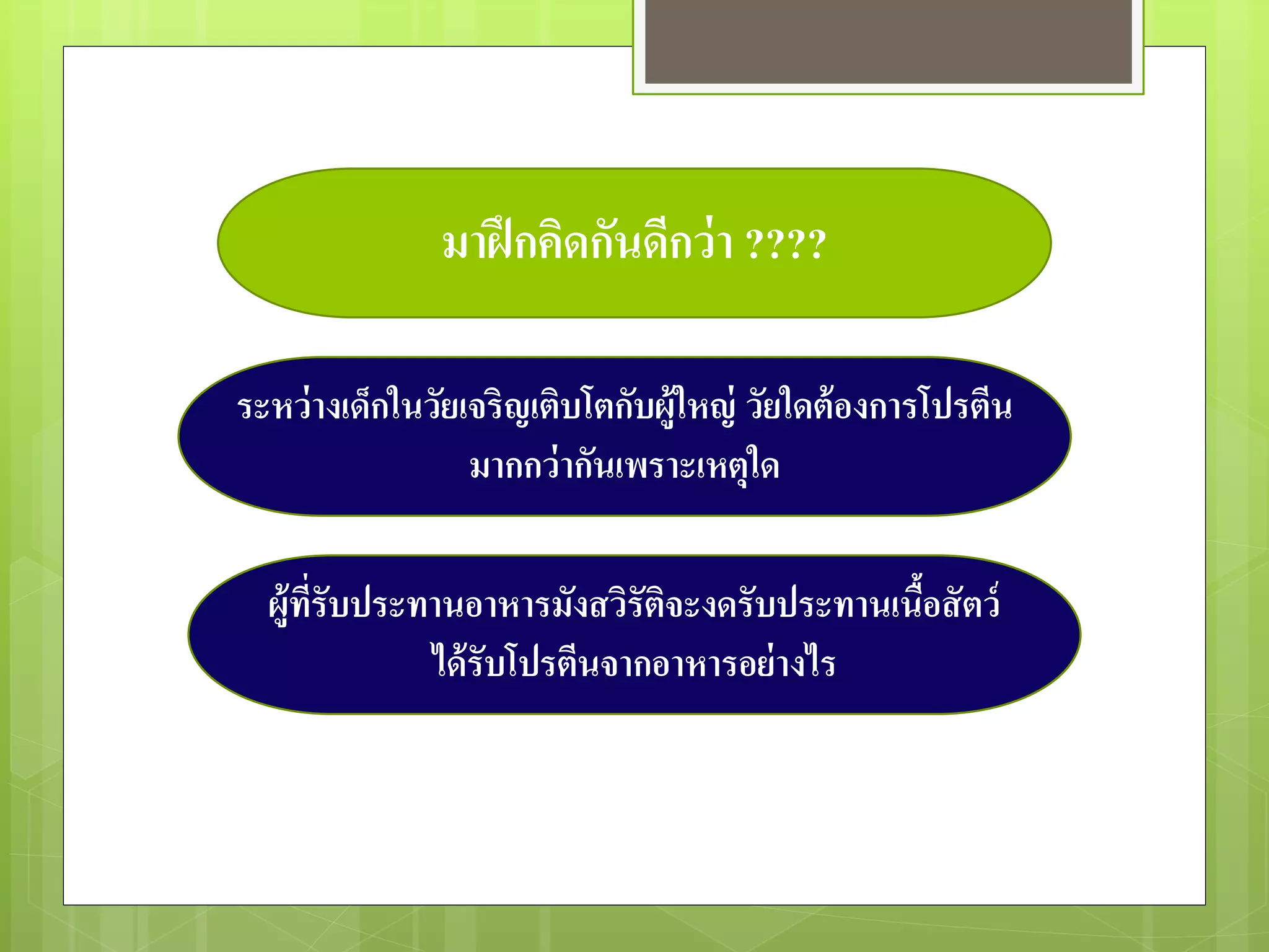 มาฝึกคิดกันดีกว่า ???? 
ระหว่างเด็กในวัยเจริญเติบโตกับผู้ใหญ่ วัยใดต้องการโปรตีน 
มากกว่ากันเพราะเหตุใด 
ผู้ที่รับประทานอาหารมังสวิรัติจะงดรับประทานเนื้อสัตว์ 
ได้รับโปรตีนจากอาหารอย่างไร 
 
