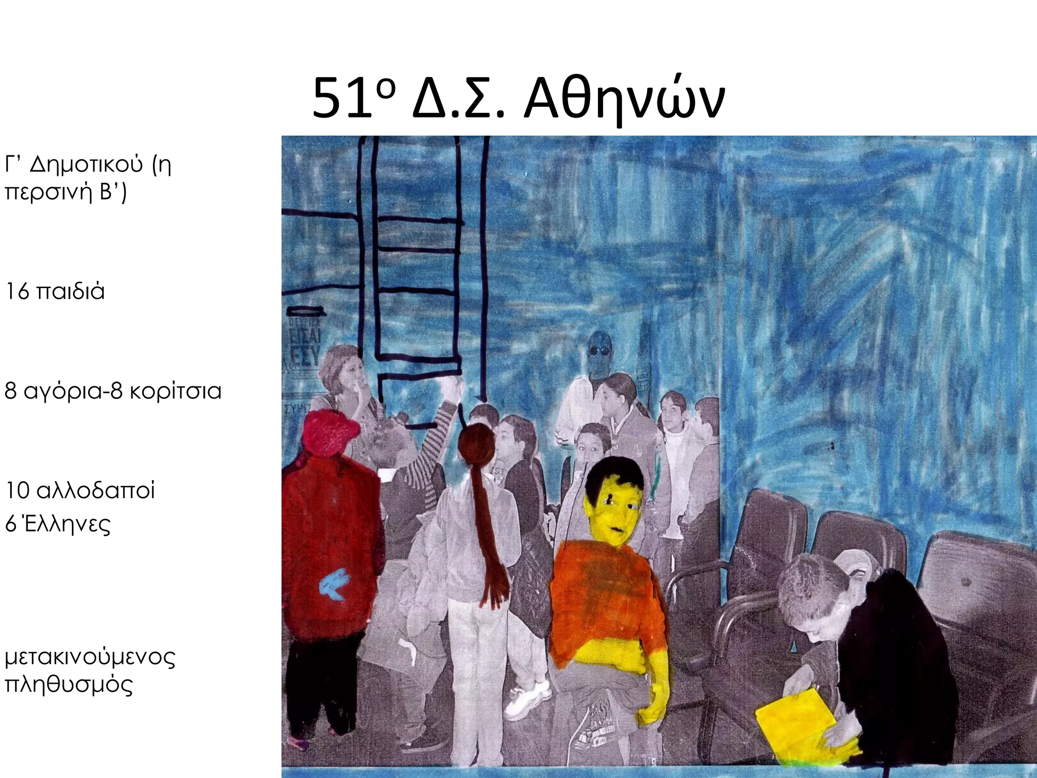 51ο Δ.Σ. Αθηνών 
Γ’ Δημοτικού (η περσινή Β’) 
16 παιδιά 
8 αγόρια-8 κορίτσια 
10 αλλοδαποί 
6 Έλληνες 
μετακινούμενος πληθυσμός  