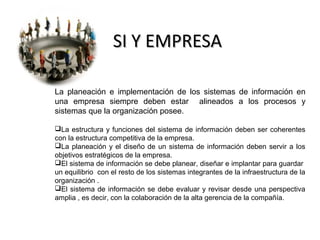 SSII YY EEMMPPRREESSAA 
La planeación e implementación de los sistemas de información en 
una empresa siempre deben estar alineados a los procesos y 
sistemas que la organización posee. 
La estructura y funciones del sistema de información deben ser coherentes 
con la estructura competitiva de la empresa. 
La planeación y el diseño de un sistema de información deben servir a los 
objetivos estratégicos de la empresa. 
El sistema de información se debe planear, diseñar e implantar para guardar 
un equilibrio con el resto de los sistemas integrantes de la infraestructura de la 
organización . 
El sistema de información se debe evaluar y revisar desde una perspectiva 
amplia , es decir, con la colaboración de la alta gerencia de la compañía. 
 