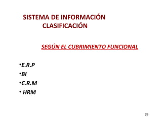 SISTEMA DE INFORMACIÓN 
CLASIFICACIÓN 
SEGÚN EL CUBRIMIENTO FUNCIONAL 
•E.R.P 
•BI 
•C.R.M 
• HRM 
29 
 