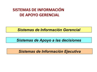 SISTEMAS DE INFORMACIÓN 
DE APOYO GERENCIAL 
Sistemas de Información Gerencial 
Sistemas de Apoyo a las decisiones 
Sistemas de Información Ejecutiva 
 