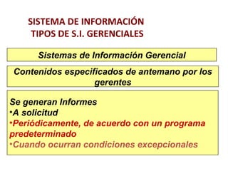 SISTEMA DE INFORMACIÓN 
TIPOS DE S.I. GERENCIALES 
Sistemas de Información Gerencial 
Contenidos especificados de antemano por los 
gerentes 
Se generan Informes 
•A solicitud 
•Periódicamente, de acuerdo con un programa 
predeterminado 
•Cuando ocurran condiciones excepcionales 
 