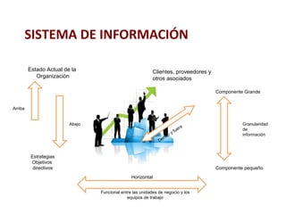 SISTEMA DE INFORMACIÓN 
Clientes, proveedores y 
otros asociados 
Componente Grande 
Granularidad 
de 
información 
Componente pequeño 
Horizontal 
Funcional entre las unidades de negocio y los 
equipos de trabajo 
Arriba 
Estado Actual de la 
Organización 
Abajo 
Estrategias 
Objetivos 
directivos 
Dentro y fuera 
 