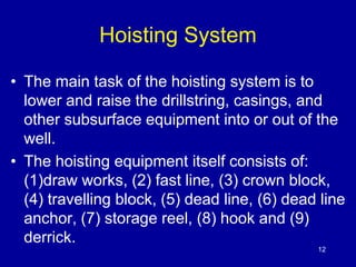 Hoisting System 
• The main task of the hoisting system is to 
lower and raise the drillstring, casings, and 
other subsurface equipment into or out of the 
well. 
• The hoisting equipment itself consists of: 
(1)draw works, (2) fast line, (3) crown block, 
(4) travelling block, (5) dead line, (6) dead line 
anchor, (7) storage reel, (8) hook and (9) 
derrick. 
12 
 