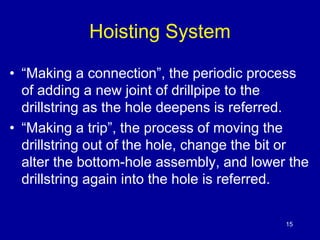 Hoisting System 
• “Making a connection”, the periodic process 
of adding a new joint of drillpipe to the 
drillstring as the hole deepens is referred. 
• “Making a trip”, the process of moving the 
drillstring out of the hole, change the bit or 
alter the bottom-hole assembly, and lower the 
drillstring again into the hole is referred. 
15 
 