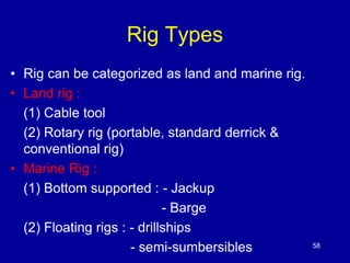 Rig Types 
• Rig can be categorized as land and marine rig. 
• Land rig : 
(1) Cable tool 
(2) Rotary rig (portable, standard derrick & 
conventional rig) 
• Marine Rig : 
(1) Bottom supported : - Jackup 
- Barge 
(2) Floating rigs : - drillships 
- semi-sumbersibles 58 
 