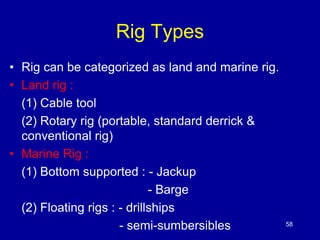 Rig Types 
• Rig can be categorized as land and marine rig. 
• Land rig : 
(1) Cable tool 
(2) Rotary rig (portable, stand...