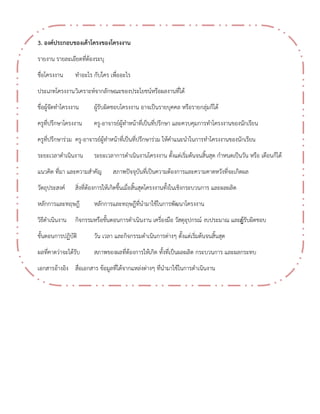 3. องค์ประกอบของเค้าโครงของโครงงาน 
รายงาน รายละเอียดที่ต้องระบุ 
ชื่อโครงงาน ทาอะไร กับใคร เพื่ออะไร 
ประเภทโครงงาน วิเคราะห์จากลักษณะของประโยชน์หรือผลงานที่ได้ 
ชื่อผู้จัดทาโครงงาน ผู้รับผิดชอบโครงงาน อาจเป็นรายบุคคล หรือรายกลุ่มก็ได้ 
ครูที่ปรึกษาโครงงาน ครู-อาจารย์ผู้ทาหน้าที่เป็นที่ปรึกษา และควบคุมการทาโครงงานของนักเรียน 
ครูที่ปรึกษาร่วม ครู-อาจารย์ผู้ทาหน้าที่เป็นที่ปรึกษาร่วม ให้คาแนะนาในการทาโครงงานของนักเรียน 
ระยะเวลาดาเนินงาน ระยะเวลาการดาเนินงานโครงงาน ตั้งแต่เริ่มต้นจนสิ้นสุด กาหนดเป็นวัน หรือ เดือนก็ได้ 
แนวคิด ที่มา และความสาคัญ สภาพปัจจุบันที่เป็นความต้องการและความคาดหวังที่จะเกิดผล 
วัตถุประสงค์ สิ่งที่ต้องการให้เกิดขึ้นเมื่อสิ้นสุดโครงงานทั้งในเชิงกระบวนการ และผลผลิต 
หลักการและทฤษฎี หลักการและทฤษฎีที่นามาใช้ในการพัฒนาโครงงาน 
วิธีดาเนินงาน กิจกรรมหรือขั้นตอนการดาเนินงาน เครื่องมือ วัสดุอุปกรณ์ งบประมาณ และผูั้รับผิดชอบ 
ขั้นตอนการปฏิบัติ วัน เวลา และกิจกรรมดาเนินการต่างๆ ตั้งแต่เริ่มต้นจนสิ้นสุด 
ผลที่คาดว่าจะได้รับ สภาพของผลที่ต้องการให้เกิด ทั้งที่เป็นผลผลิต กระบวนการ และผลกระทบ 
เอกสารอ้างอิง สื่อเอกสาร ข้อมูลที่ได้จากแหล่งต่างๆ ที่นามาใช้ในการดาเนินงาน 
 