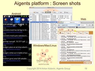 Copyright 2014 Anton Kolonin, Aigents Group 19 
Android 
Windows/Mac/Linux 
Web 
Aigents platform : Screen shots 
 