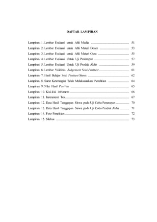 DAFTAR LAMPIRAN 
Lampiran 1. Lembar Evaluasi untuk Ahli Media ................................................ 51 
Lampiran 2. Lembar Evaluasi untuk Ahli Materi Dosen ..................................... 53 
Lampiran 3. Lembar Evaluasi untuk Ahli Materi Guru ....................................... 55 
Lampiran 4. Lembar Evaluasi Untuk Uji Penerapan ............................................ 57 
Lampiran 5. Lembar Evaluasi Untuk Uji Produk Akhir ...................................... 59 
Lampiran 6. Lembar Validitas Judgement Soal Posttest ...................................... 61 
Lampiran 7. Hasil Belajar Soal Posttest Siswa .................................................... 62 
Lampiran 8. Surat Keterangan Telah Melaksanakan Penelitian .......................... 64 
Lampiran 9. Nilai Hasil Posttest .......................................................................... 65 
Lampiran 10. Kisi-kisi Intrument ........................................................................... 66 
Lampiran 11. Instrument Tes................................................................................. 67 
Lampiran 12. Data Hasil Tanggapan Siswa pada Uji Coba Penerapan ................. 70 
Lampiran 13. Data Hasil Tanggapan Siswa pada Uji Coba Produk Akhir ............ 71 
Lampiran 14. Foto Penelitian ................................................................................. 72 
Lampiran 15. Silabus ............................................................................................ 73 
