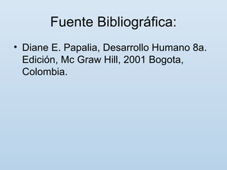 Fuente Bibliográfica: 
• Diane E. Papalia, Desarrollo Humano 8a. 
Edición, Mc Graw Hill, 2001 Bogota, 
Colombia. 
