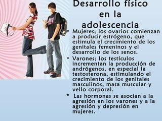 Desarrollo físico 
en la 
adolescencia 
• Mujeres; los ovarios comienzan 
a producir estrógeno, que 
estimula el crecimiento de los 
genitales femeninos y el 
desarrollo de los senos. 
• Varones; los testículos 
incrementan la producción de 
andrógenos, en especial la 
testosterona, estimulando el 
crecimiento de los genitales 
masculinos, masa muscular y 
vello corporal. 
* Las hormonas se asocian a la 
agresión en los varones y a la 
agresión y depresión en 
mujeres. 
 
