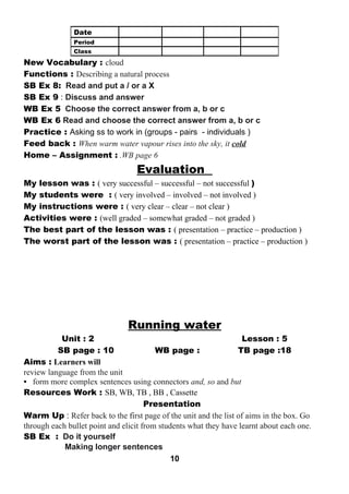New Vocabulary : cloud 
Functions : Describing a natural process 
SB Ex 8: Read and put a / or a X 
SB Ex 9 : Discuss and answer 
WB Ex 5 Choose the correct answer from a, b or c 
WB Ex 6 Read and choose the correct answer from a, b or c 
Practice : Asking ss to work in (groups - pairs - individuals ) 
Feed back : When warm water vapour rises into the sky, it cold 
Home – Assignment : .WB page 6 
Evaluation 
My lesson was : ( very successful – successful – not successful ) 
My students were : ( very involved – involved – not involved ) 
My instructions were : ( very clear – clear – not clear ) 
Activities were : (well graded – somewhat graded – not graded ) 
The best part of the lesson was : ( presentation – practice – production ) 
The worst part of the lesson was : ( presentation – practice – production ) 
Running water 
Unit : 2 Lesson : 5 
SB page : 10 WB page : TB page :18 
Aims : Learners will 
review language from the unit 
• form more complex sentences using connectors and, so and but 
Resources Work : SB, WB, TB , BB , Cassette 
Presentation 
Warm Up : Refer back to the first page of the unit and the list of aims in the box. Go 
through each bullet point and elicit from students what they have learnt about each one. 
SB Ex : Do it yourself 
Making longer sentences 
10 
Date 
Period 
Class 
 