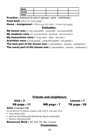 Practice : Asking ss to work in (groups - pairs - individuals ) 
Feed back : How do clouds from ? 
Home – Assignment : .When you boil water , it turns into water 
Evaluation 
My lesson was : ( very successful – successful – not successful ) 
My students were : ( very involved – involved – not involved ) 
My instructions were : ( very clear – clear – not clear ) 
Activities were : (well graded – somewhat graded – not graded ) 
The best part of the lesson was : ( presentation – practice – production ) 
The worst part of the lesson was : ( presentation – practice – production ) 
Friends and neighbours 
Unit : 3 Lesson : 1 
SB page : 11 WB page : 7 TB page : 20 
Aims : Learners will 
revise the use of relative clauses with which, who and where 
• learn about tools 
• practise describing and identifying objects and people 
• practise listening skills 
Resources Work : SB, WB, TB , BB , Cassette 
Presentation 
11 
Date 
Period 
Class 
 