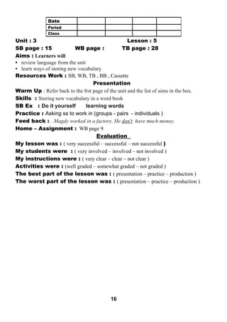 Unit : 3 Lesson : 5 
SB page : 15 WB page : TB page : 28 
Aims : Learners will 
• review language from the unit 
• learn ways of storing new vocabulary 
Resources Work : SB, WB, TB , BB , Cassette 
Presentation 
Warm Up : Refer back to the frst page of the unit and the list of aims in the box. 
Skills : Storing new vocabulary in a word book 
SB Ex : Do it yourself learning words 
Practice : Asking ss to work in (groups - pairs - individuals ) 
Feed back : . Magdy worked in a factory. He don't have much money. 
Home – Assignment : WB page 9 
Evaluation 
My lesson was : ( very successful – successful – not successful ) 
My students were : ( very involved – involved – not involved ) 
My instructions were : ( very clear – clear – not clear ) 
Activities were : (well graded – somewhat graded – not graded ) 
The best part of the lesson was : ( presentation – practice – production ) 
The worst part of the lesson was : ( presentation – practice – production ) 
16 
Date 
Period 
Class 
 