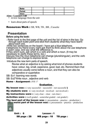 Aims : Learners will 
• review language from the unit 
• learn about parts of speech 
Resources Work : SB, WB, TB , BB , Cassette 
Presentation 
Before using the book: 
- Refer back to the first page of the unit and the list of aims in the box. Go 
through each bullet point and elicit from students what they have learnt 
about each one. 
-Write two sentences on the board: / have got a blue telephone. 
I telephone my friend every night ask them to think about me use telephone 
in each case, and say what the difference is. 
If they aren't sure, ask which is a verb and which a noun. (It may be 
necessary to clarify these terms, too.) 
Discuss how the noun telephone can change (plural/singular), and the verb 
telephone can change to express tense. 
Introduce the new term parts of speech. 
Revise what an adjective is by asking what kind of phones students 
have: colour, big, small, expensive, good, bad, etc. Remind them that 
adjectives usually come before a noun, and that they can also be 
comparative or superlative 
SB: Ex1: learning new words 
SB: Ex2"Write noun , adjective and verb 
Home – Assignment : WB 17 
Evaluation 
My lesson was : ( very successful – successful – not successful ) 
My students were : ( very involved – involved – not involved ) 
My instructions were : ( very clear – clear – not clear ) 
Activities were : (well graded – somewhat graded – not graded ) 
The best part of the lesson was : ( presentation – practice – production ) 
The worst part of the lesson was : ( presentation – practice – production 
LESSON Unit : 6 Lesson : 1 
SB page : 28 WB page : 18 TB page : 
29 
Date 
Period 
Class 
 