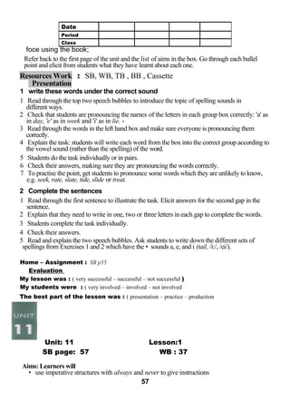 foce using the book; 
Refer back to the first page of the unit and the list of aims in the box. Go through each bullel 
point and elicit from students what they have learnt about each one. 
Resources Work : SB, WB, TB , BB , Cassette 
Presentation 
1 write these words under the correct sound 
1 Read through the top two speech bubbles to introduce the topic of spelling sounds in 
different ways. 
2 Check that students are pronouncing the names of the letters in each group box correctly: 'a' as 
in day, 'e' as in week and 'i' as in lie. - 
3 Read through the words in the left hand box and make sure everyone is pronouncing them 
correctly. 
4 Explain the task: students will write each word from the box into the correct group according to 
the vowel sound (rather than the spelling) of the word. 
5 Students do the task individually or in pairs. 
6 Check their answers, making sure they are pronouncing the words correctly. 
7 To practise the point, get students to pronounce some words which they are unlikely to know, 
e.g. seek, rate, slate, tide, slide or treat. 
2 Complete the sentences 
1 Read through the first sentence to illustrate the task. Elicit answers for the second gap in the 
sentence. 
2 Explain that they need to write in one, two or three letters in each gap to complete the words. 
3 Students complete the task individually. 
4 Check their answers. 
5 Read and explain the two speech bubbles. Ask students to write down the different sets of 
spellings from Exercises 1 and 2 which have the • sounds a, e, and i (tail, /i:/, /ei/). 
Home – Assignment : SB p55 
Evaluation 
My lesson was : ( very successful – successful – not successful ) 
My students were : ( very involved – involved – not involved 
The best part of the lesson was : ( presentation – practice – production 
Unit: 11 Lesson:1 
SB page: 57 WB : 37 
Aims: Learners will 
• use imperative structures with always and never to give instructions 
57 
Date 
Period 
Class 
 