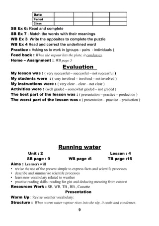 SB Ex 6: Read and complete 
SB Ex 7 : Match the words with their meanings 
WB Ex 3 Write the opposites to complete the puzzle 
WB Ex 4 Read and correct the underlined word 
Practice : Asking ss to work in (groups - pairs - individuals ) 
Feed back : When the vapour hits the plate, it condenses. 
Home – Assignment : .WB page 5 
Evaluation 
My lesson was : ( very successful – successful – not successful ) 
My students were : ( very involved – involved – not involved ) 
My instructions were : ( very clear – clear – not clear ) 
Activities were : (well graded – somewhat graded – not graded ) 
The best part of the lesson was : ( presentation – practice – production ) 
The worst part of the lesson was : ( presentation – practice – production ) 
Running water 
Unit : 2 Lesson : 4 
SB page : 9 WB page :6 TB page :15 
Aims : Learners will 
• revise the use of the present simple to express facts and scientifc processes 
• describe and summarise scientifc processes 
• learn new vocabulary related to weather 
• practise reading skills: reading for gist and deducing meaning from context 
Resources Work : SB, WB, TB , BB , Cassette 
Presentation 
Warm Up : Revise weather vocabulary: 
Structure : When warm water vapour rises into the sky, it cools and condenses. 
9 
Date 
Period 
Class 
 