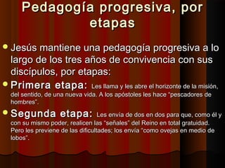 Pedagogía pprrooggrreessiivvaa,, ppoorr 
eettaappaass 
JJeessúúss mmaannttiieennee uunnaa ppeeddaaggooggííaa pprrooggrreessiivvaa aa lloo 
llaarrggoo ddee llooss ttrreess aaññooss ddee ccoonnvviivveenncciiaa ccoonn ssuuss 
ddiissccííppuullooss,, ppoorr eettaappaass:: 
PPrriimmeerraa eettaappaa:: LLeess llllaammaa yy lleess aabbrree eell hhoorriizzoonnttee ddee llaa mmiissiióónn,, 
ddeell sseennttiiddoo,, ddee uunnaa nnuueevvaa vviiddaa.. AA llooss aappóóssttoolleess lleess hhaaccee ““ppeessccaaddoorreess ddee 
hhoommbbrreess””.. 
SSeegguunnddaa eettaappaa:: LLeess eennvvííaa ddee ddooss eenn ddooss ppaarraa qquuee,, ccoommoo ééll yy 
ccoonn ssuu mmiissmmoo ppooddeerr,, rreeaalliicceenn llaass ““sseeññaalleess”” ddeell RReeiinnoo eenn ttoottaall ggrraattuuiiddaadd.. 
PPeerroo lleess pprreevviieennee ddee llaass ddiiffiiccuullttaaddeess;; llooss eennvvííaa ““ccoommoo oovveejjaass eenn mmeeddiioo ddee 
lloobbooss””.. 
 