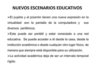 NUEVOS ESCENARIOS EDUCATIVOS 
El pupitre y el pizarrón tienen una nueva expresión en la 
virtualidad: son la pantalla de la computadora y sus 
diversos periféricos. 
Este puede ser portátil y estar conectado a una red 
educativa. Se puede acceder a él desde la casa, desde la 
institución académica o desde cualquier otro lugar físico, de 
manera que siempre está disponible para su utilización. 
La actividad académica deja de ser un intervalo temporal 
rígido. 
 