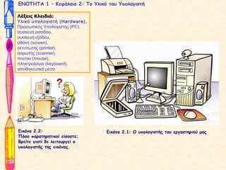 ΕΝΟΤΗΤΑ 1 – Κεφάλαιο 2: Το Υλικό του Υπολογιστή 
ΛΛέέξξεειιςς ΚΚλλεειιδδιιάά:: 
Υλικό υπολογιστή (Hardware), 
Προσωπικός Υπολογιστής (PC), 
συσκευή εισόδου, 
συσκευή εξόδου, 
οθόνη (screen), 
εκτυπωτής (printer), 
σαρωτής (scanner), 
ποντίκι (mouse), 
πληκτρολόγιο (keyboard), 
αποθηκευτικά μέσα 
Εικόνα 2.2: Εικόνα 2.1: Ο υπολογιστής του εργαστηριού μας 
Πόσο παρατηρητικοί είσαστε; 
Βρείτε γιατί δε λειτουργεί ο 
υπολογιστής της εικόνας. 
 