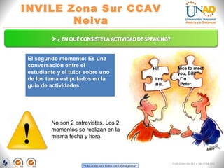 “Educación para todos con calidad global” 
INVILE Zona Sur CCAV Neiva 
FI-GQ-GCMU-004-015 V. 000-27-08-2011 
Hi! 
I’m 
Bill. 
Nice to meet 
you, Bill! 
I’m 
Peter. 
No son 2 entrevistas. Los 2 momentos se realizan en la misma fecha y hora. 
El segundo momento: Es una conversación entre el estudiante y el tutor sobre uno de los tema estipulados en la guía de actividades. 
 