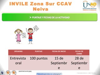 “Educación para todos con calidad global” 
INVILE Zona Sur CCAV Neiva 
FI-GQ-GCMU-004-015 V. 000-27-08-2011 
Imagen tomada de: http://3.bp.blogspot.com/- g7Z2jAAph9k/T6p8mhh0hnI/AAAAAAAABVc/iyEzMVw60wU/s1600/stock-illustration-7128598-student-with-a- great-test-score.jpeg 
SPEAKING 
PUNTAJE 
FECHA DE INICIO 
FECHA DE 
CIERRE 
Entrevista oral 
100 puntos 
15 de Septiembre 
28 de Octubre  