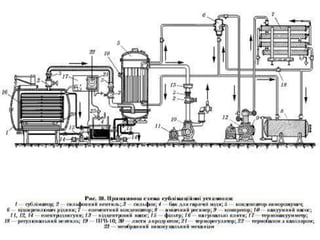 Сублімаційне сушіння, за якого сировина 
самозаморожується в атмосфері глибокого 
вакууму, внаслідок чого вода возгоняється, 
переходить з твердого стану в пароподібний, 
минувши рідку фазу. За такого методу 
сушіння молекулярна структура матеріалу 
мало змінюється, висушений продукт 
відзначається високою шпаристістю, первісні 
властивості сировини швидко відновлюються 
від зволоження. Висушені сублімаційним 
методом харчові продукти зберігають 
первісний об'єм, колір, запах, смак і 
біологічну цінність. В той же час сублімаційні 
установки досить складні і енергоємні. 
 