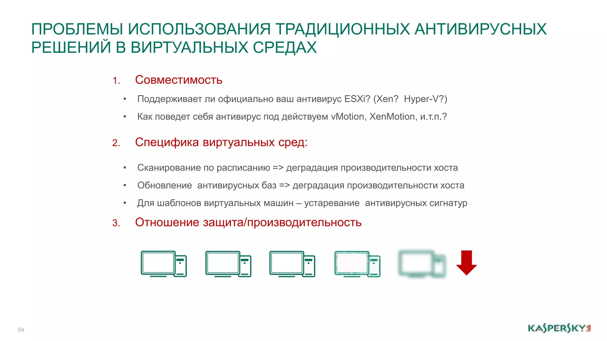ПРОБЛЕМЫ ИСПОЛЬЗОВАНИЯ ТРАДИЦИОННЫХ АНТИВИРУСНЫХ 
РЕШЕНИЙ В ВИРТУАЛЬНЫХ СРЕДАХ 
54 
1. Совместимость 
• Поддерживает ли официально ваш антивирус ESXi? (Xen? Hyper-V?) 
• Как поведет себя антивирус под действуем vMotion, XenMotion, и.т.п.? 
2. Специфика виртуальных сред: 
• Сканирование по расписанию => деградация производительности хоста 
• Обновление антивирусных баз => деградация производительности хоста 
• Для шаблонов виртуальных машин – устаревание антивирусных сигнатур 
3. Отношение защита/производительность 
 