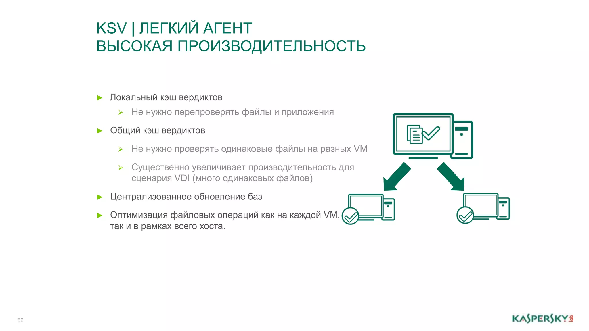 62 
KSV | ЛЕГКИЙ АГЕНТ 
ВЫСОКАЯ ПРОИЗВОДИТЕЛЬНОСТЬ 
► Локальный кэш вердиктов 
 Не нужно перепроверять файлы и приложения 
► Общий кэш вердиктов 
 Не нужно проверять одинаковые файлы на разных VM 
 Существенно увеличивает производительность для 
сценария VDI (много одинаковых файлов) 
► Централизованное обновление баз 
► Оптимизация файловых операций как на каждой VM, 
так и в рамках всего хоста. 
 