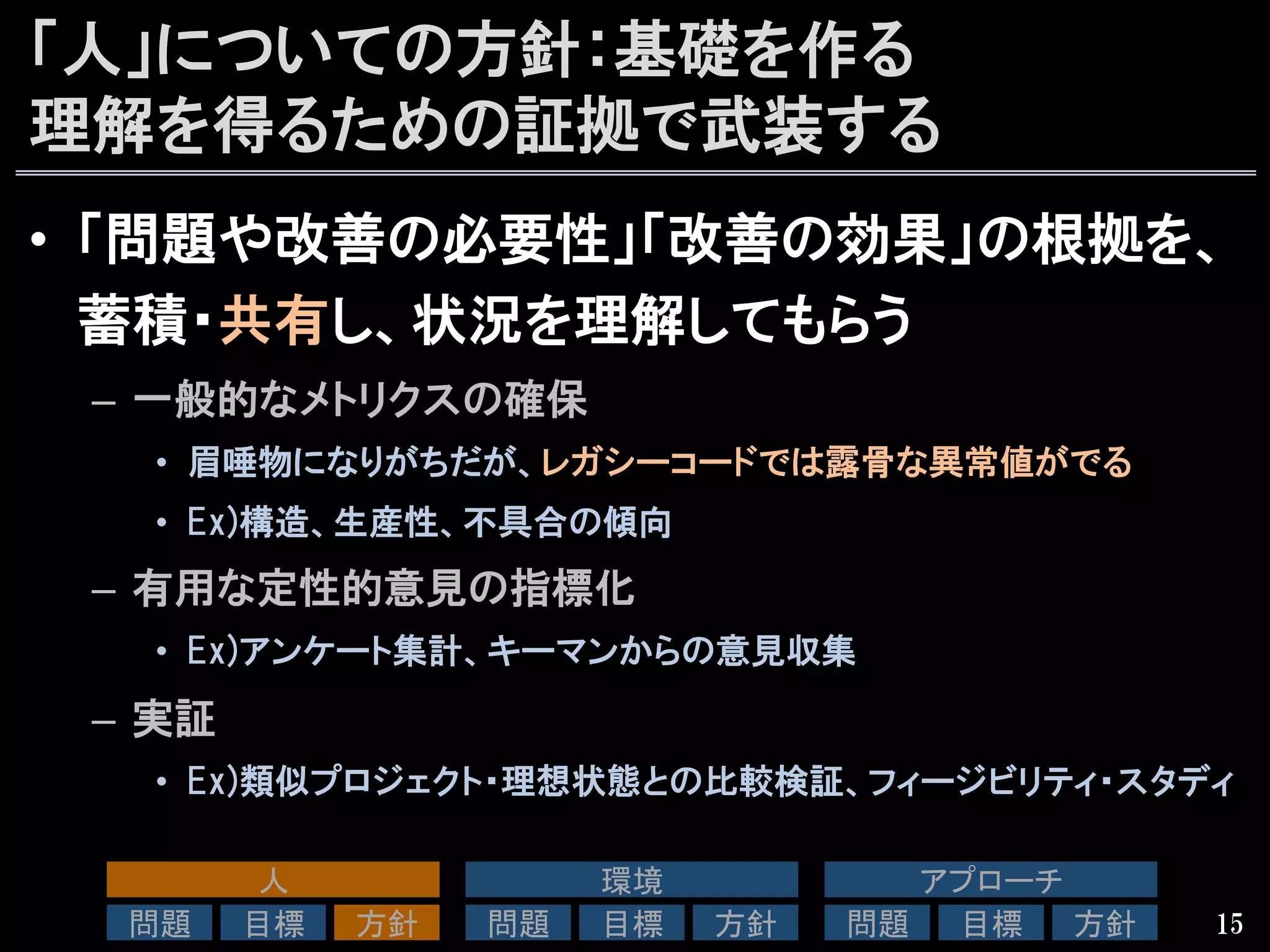 「人」についての方針：基礎を作る
理解を得るための証拠で武装する
•  「問題や改善の必要性」「改善の効果」の根拠を、
蓄積・共有し、状況を理解してもらう
–  一般的なメトリクスの確保
•  眉唾物になりがちだが、レガシーコードでは露骨な異常値がでる
•  Ex)構造、生産性、不具合の傾向
–  有用な定性的意見の指標化
•  Ex)アンケート集計、キーマンからの意見収集
–  実証
•  Ex)類似プロジェクト・理想状態との比較検証、フィージビリティ・スタディ
15
人	
問題	
 目標	
 方針	
環境	
問題	
 目標	
 方針	
アプローチ	
問題	
 目標	
 方針	
 