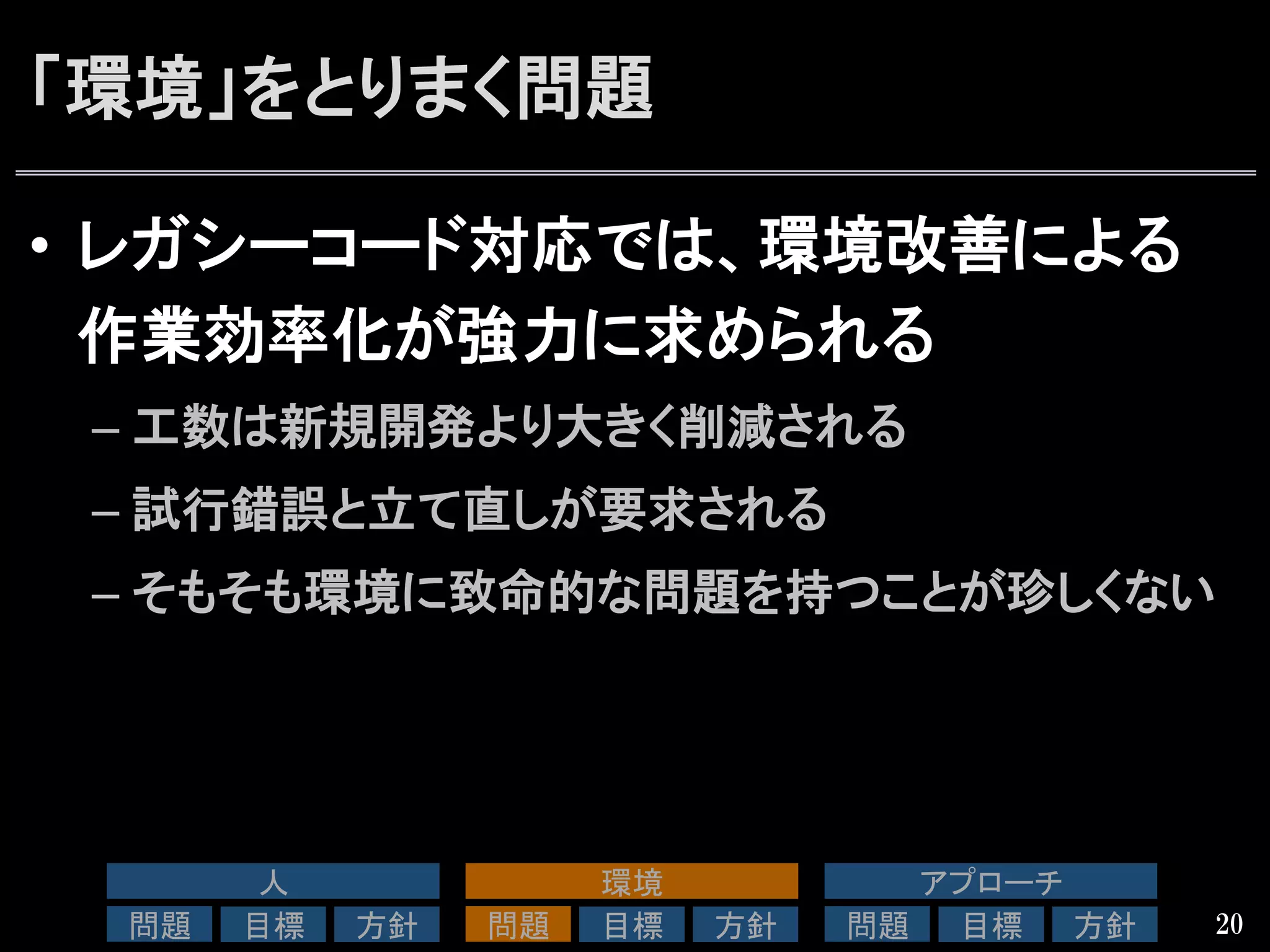 「環境」をとりまく問題
•  レガシーコード対応では、環境改善による
作業効率化が強力に求められる
– 工数は新規開発より大きく削減される
– 試行錯誤と立て直しが要求される
– そもそも環境に致命的な問題を持つことが珍しくない
20
人	
問題	
 目標	
 方針	
環境	
問題	
 目標	
 方針	
アプローチ	
問題	
 目標	
 方針	
 