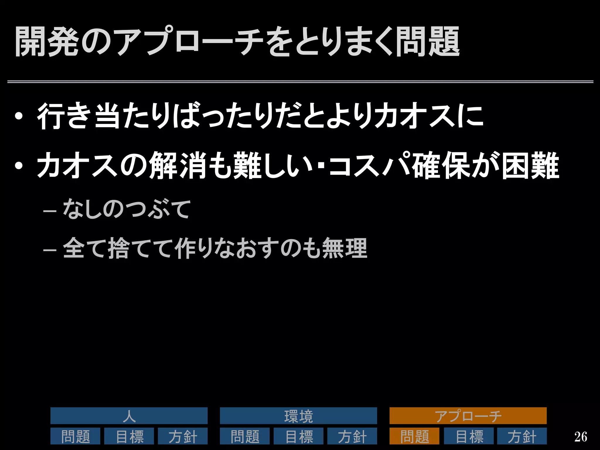 開発のアプローチをとりまく問題
•  行き当たりばったりだとよりカオスに
•  カオスの解消も難しい・コスパ確保が困難
– なしのつぶて
– 全て捨てて作りなおすのも無理
26
人	
問題	
 目標	
 方針	
環境	
問題	
 目標	
 方針	
アプローチ	
問題	
 方針	
目標	
 