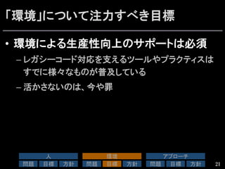 「環境」について注力すべき目標
•  環境による生産性向上のサポートは必須
– レガシーコード対応を支えるツールやプラクティスは
すでに様々なものが普及している
– 活かさないのは、今や罪
21
人	
問題	
 目標	
 方針	
環境	
問題	
 目標	
 方針	
アプローチ	
問題	
 目標	
 方針	
 