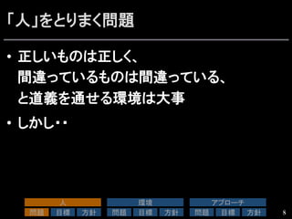 「人」をとりまく問題
•  正しいものは正しく、
間違っているものは間違っている、
と道義を通せる環境は大事
•  しかし・・
8
人	
問題	
 目標	
 方針	
環境	
問題	
 目標	
 方針	
アプローチ	
問題	
 目標	
 方針	
 