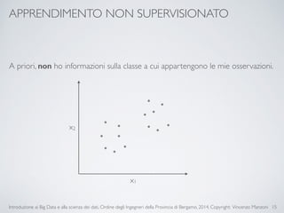 APPRENDIMENTO NON SUPERVISIONATO 
A priori, non ho informazioni sulla classe a cui appartengono le mie osservazioni. 
Introduzione ai Big Data e alla scienza dei dati, Ordine degli Ingegneri della Provincia di Bergamo, 2014. Copyright: Vincenzo Manzoni 
15 
x1 
x2 
 