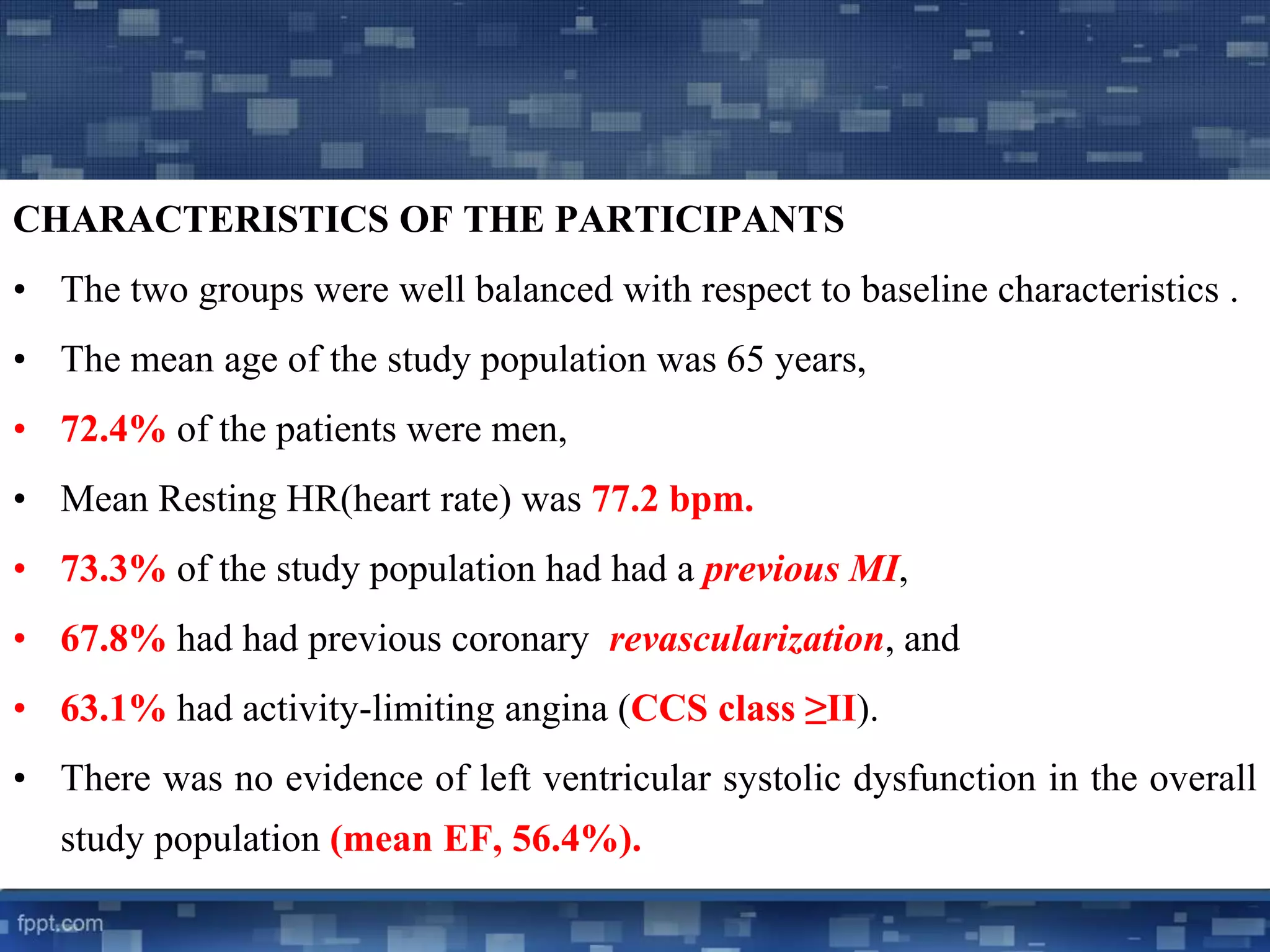 CHARACTERISTICS OF THE PARTICIPANTS 
• The two groups were well balanced with respect to baseline characteristics . 
• The mean age of the study population was 65 years, 
• 72.4%of the patients were men, 
• Mean Resting HR(heart rate) was 77.2 bpm. 
• 73.3%of the study population had had a previous MI, 
• 67.8%had had previous coronary revascularization, and 
• 63.1%had activity-limiting angina (CCS class ≥II). 
• There was no evidence of left ventricular systolic dysfunction in the overall 
study population (mean EF, 56.4%). 
 