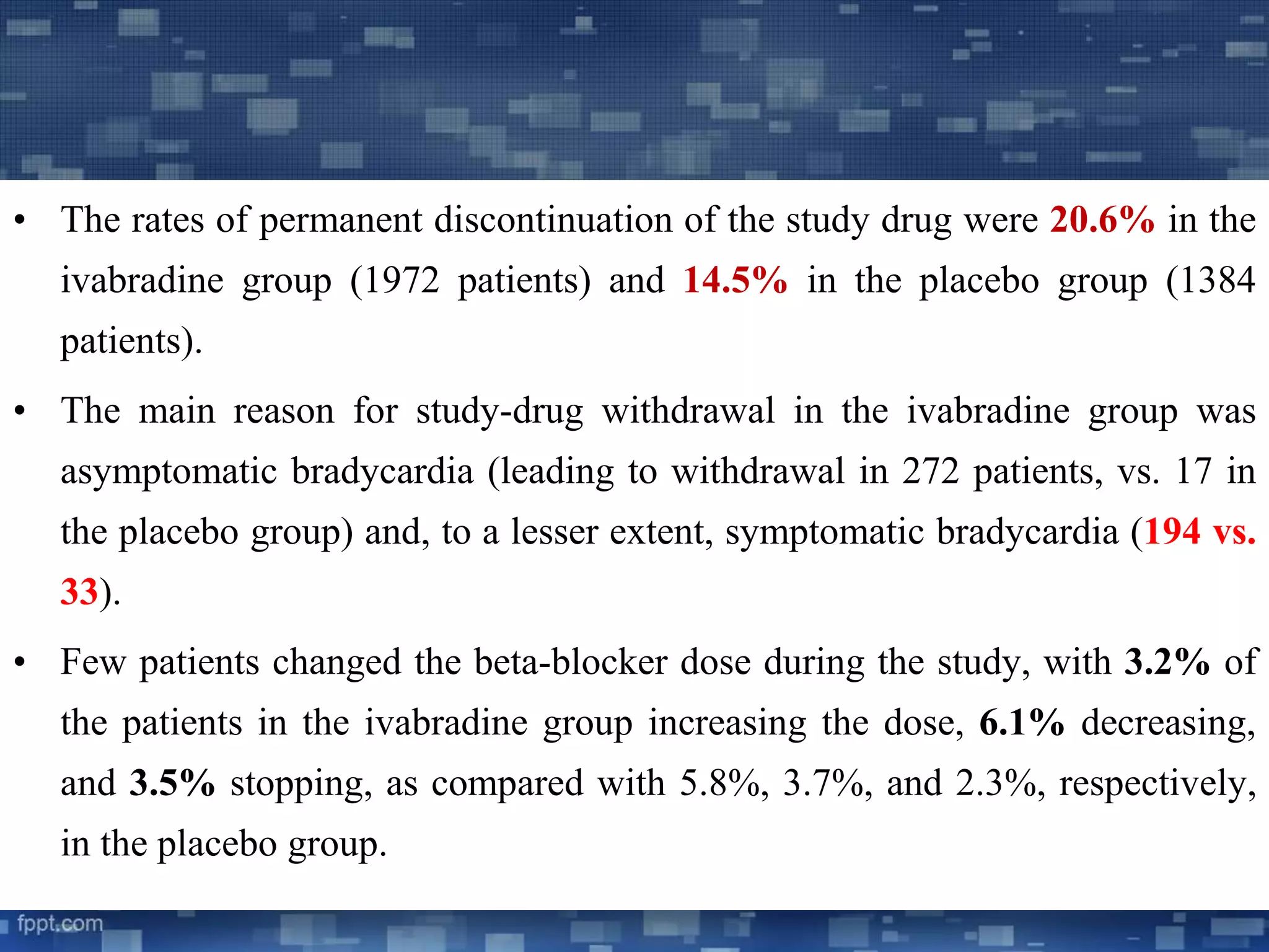• The rates of permanent discontinuation of the study drug were 20.6% in the 
ivabradine group (1972 patients) and 14.5% in the placebo group (1384 
patients). 
• The main reason for study-drug withdrawal in the ivabradine group was 
asymptomatic bradycardia (leading to withdrawal in 272 patients, vs. 17 in 
the placebo group) and, to a lesser extent, symptomatic bradycardia (194 vs. 
33). 
• Few patients changed the beta-blocker dose during the study, with 3.2% of 
the patients in the ivabradine group increasing the dose, 6.1% decreasing, 
and 3.5% stopping, as compared with 5.8%, 3.7%, and 2.3%, respectively, 
in the placebo group. 
 