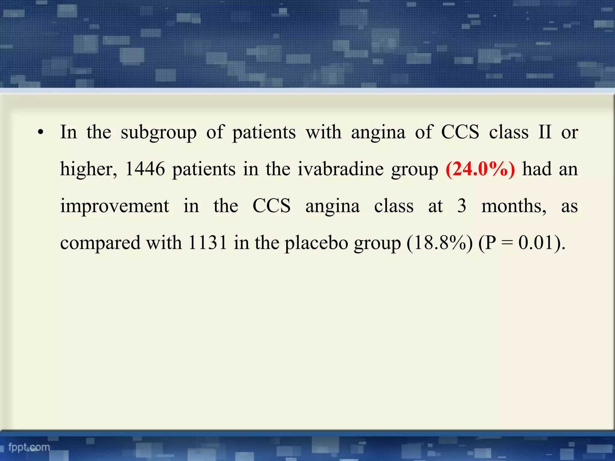• In the subgroup of patients with angina of CCS class II or 
higher, 1446 patients in the ivabradine group (24.0%) had an 
improvement in the CCS angina class at 3 months, as 
compared with 1131 in the placebo group (18.8%) (P = 0.01). 
 
