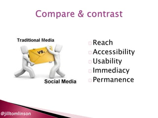 Reach 
Accessibility 
Usability 
Immediacy 
Permanence 
@jilltomlinson 
 