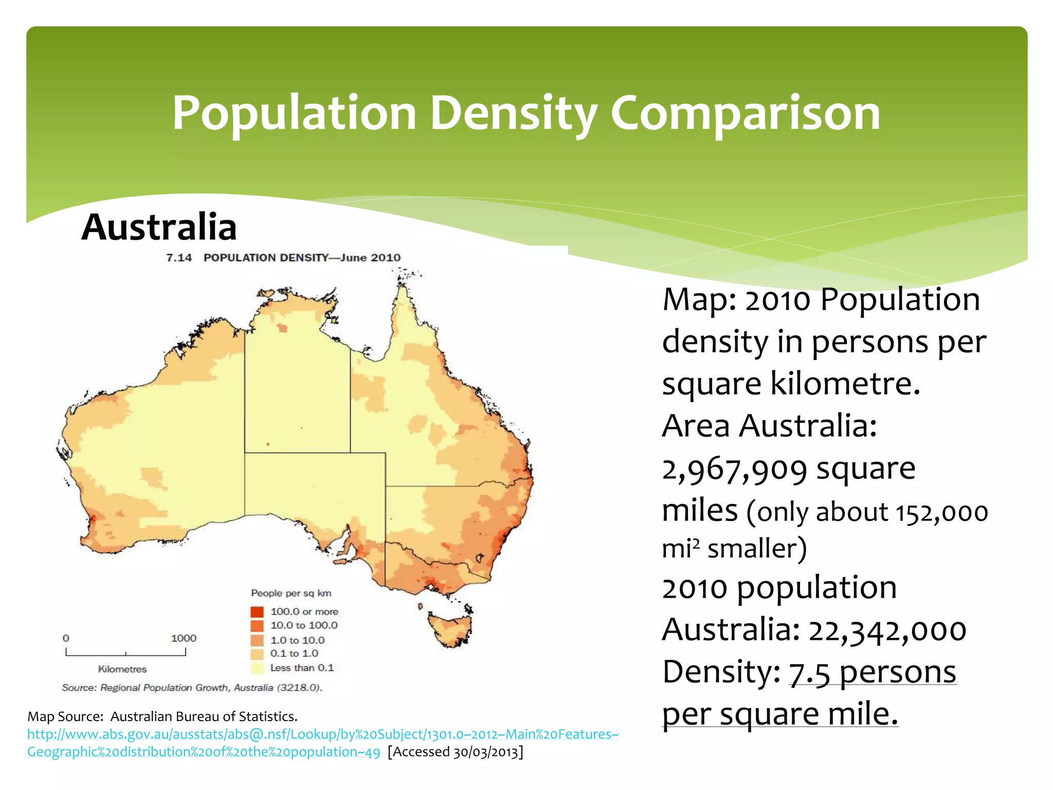Population Density Comparison 
Map: 2010 Population 
density in persons per 
square kilometre. 
Area Australia: 
2,967,909 square 
miles (only about 152,000 
mi2 smaller) 
2010 population 
Australia: 22,342,000 
Density: 7.5 persons 
Australia 
Map Source: Australian Bureau of Statistics. per square mile. 
http://www.abs.gov.au/ausstats/abs@.nsf/Lookup/by%20Subject/1301.0~2012~Main%20Features~ 
Geographic%20distribution%20of%20the%20population~49 [Accessed 30/03/2013] 
 