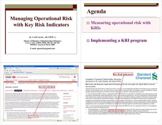 Managing Operational Risk
with Key Risk Indicators
Dr. LAM Yat-fai (林日辉博士林日辉博士林日辉博士林日辉博士)
Doctor of Business Administration (Finance)
CFA, CAIA, FRM, PRM, MCSE, MCNE
PRMIA Award of Merit 2005
E-mail: quanrisk@gmail.com
2
Agenda
Measuring operational risk with
KRIs
Implementing a KRI program
3 4
 