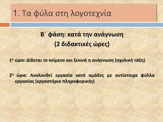1. Τα φύλα στη λογοτεχνία 
Β΄ φάση: κατά την ανάγνωση 
(2 διδακτικές ώρες) 
1η ώρα: Δίδεται το κείμενο και ξεκινά η ανάγνωση (σχολική τάξη) 
2η ώρα: Ακολουθεί εργασία κατά ομάδες με αντίστοιχα φύλλα 
εργασίας (εργαστήριο πληροφορικής) 
 
