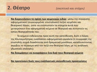 2. Θέατρο (σκεπτικό και στόχοι) 
 Να διερευνήσουν τη σχέση των κειμενικών ειδών μέσω της σύγκρισης 
αφηγηματικού (συγκεκριμένα: επιστολικού) πεζού κειμένου και 
θεατρικού λόγου, ώστε να εντοπιστούν τα στοιχεία αυτά που 
μετατρέπουν ένα αφηγηματικό κείμενο σε θεατρικό και συνιστούν τις 
εστίες θεατρικότητάς του. 
Το κείμενο ενδείκνυται προς αυτή την κατεύθυνση, διότι ο λόγος 
της Κλυταιμνήστρας εναλλάσσει αφηγηματικά εργαλεία (η συγγραφή της 
επιστολής συχνά διακόπτεται από δραματικό μονόλογο, καταδεικνύοντας 
ακριβώς το πέρασμα από τον πεζό στο θεατρικό λόγο, με τις ανάλογες 
γλωσσικές επιλογές). 
 Να δοκιμάσουν να συγγράψουν ένα δικό τους θεατρικό κείμενο 
 Να προτείνουν δικές τους εναλλακτικές σκηνοθετικές προσεγγίσεις 
 