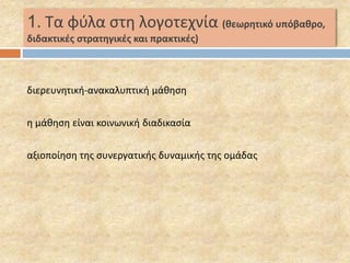 1. Τα φύλα στη λογοτεχνία (θεωρητικό υπόβαθρο, 
διδακτικές στρατηγικές και πρακτικές) 
διερευνητική-ανακαλυπτική μάθηση 
η μάθηση είναι κοινωνική διαδικασία 
αξιοποίηση της συνεργατικής δυναμικής της ομάδας 
 