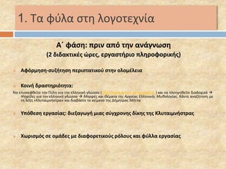 1. Τα φύλα στη λογοτεχνία 
Α΄ φάση: πριν από την ανάγνωση 
(2 διδακτικές ώρες, εργαστήριο πληροφορικής) 
 Αφόρμηση-συζήτηση περιστατικού στην ολομέλεια 
 Κοινή δραστηριότητα: 
Να επισκεφθείτε την Πύλη για την ελληνική γλώσσα (http://www.greek-language.gr ) και να πλοηγηθείτε διαδοχικά  
Ψηφίδες για την ελληνική γλώσσα  Μορφές και Θέματα της Αρχαίας Ελληνικής Μυθολογίας. Κάντε αναζήτηση με 
τη λέξη «Κλυταιμνήστρα» και διαβάστε το κείμενο της Δήμητρας Μήττα 
 Υπόθεση εργασίας: διεξαγωγή μιας σύγχρονης δίκης της Κλυταιμνήστρας 
 Χωρισμός σε ομάδες με διαφορετικούς ρόλους και φύλλα εργασίας 
 